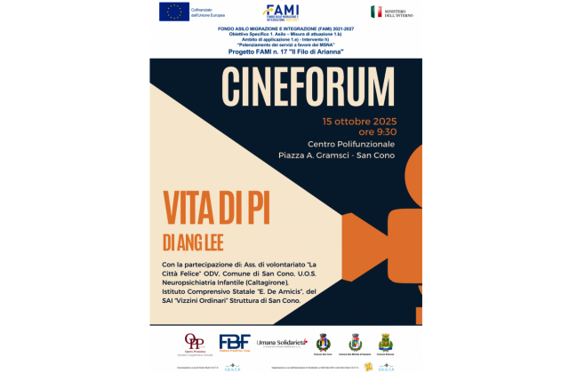 San Cono. Il cinema come ponte tra culture: mercoledì 15 ottobre il cineforum “Vita di Pi” per il progetto FAMI “Il Filo di Arianna”
